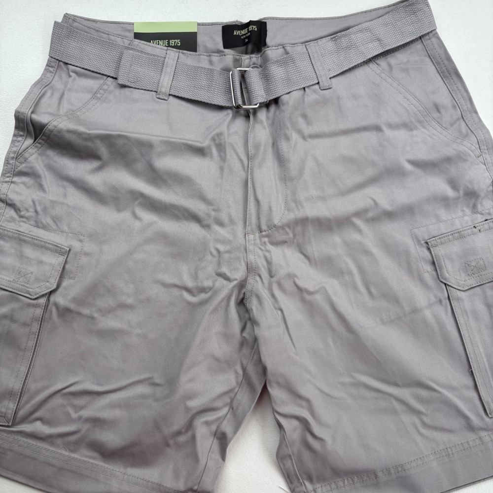 Avenue 1975 Mens Cargo Shorts Silver Grey Size 34 Belted 100% Cotton NWT